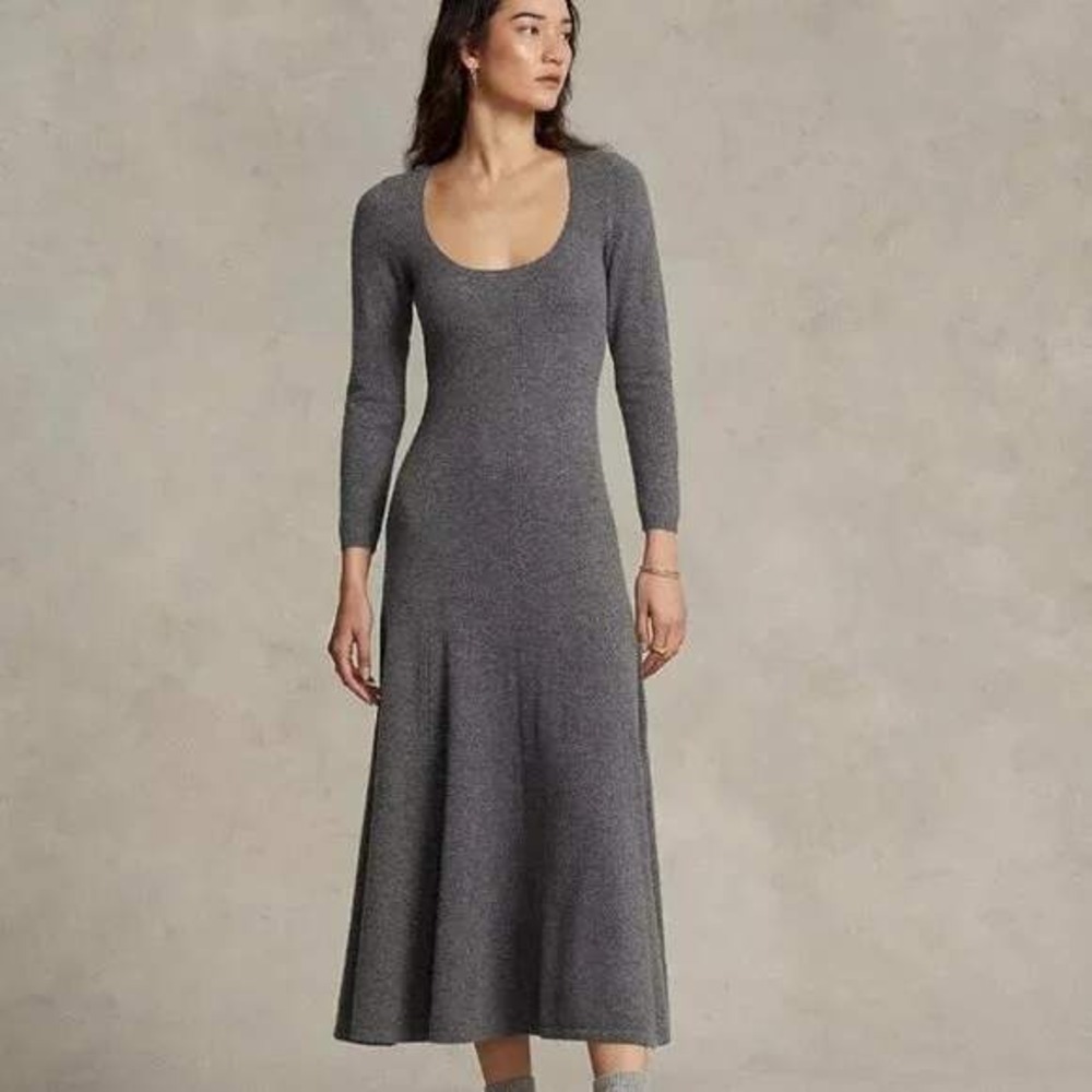 NWT $698 Polo Ralph‎ Lauren Women's Gray Cashmere Sweater Dress Midi Size M